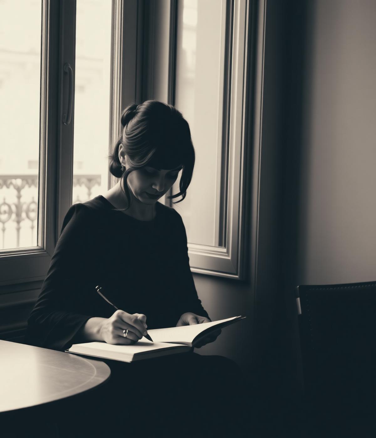 A mentor writing in a notebook by a Parisian window