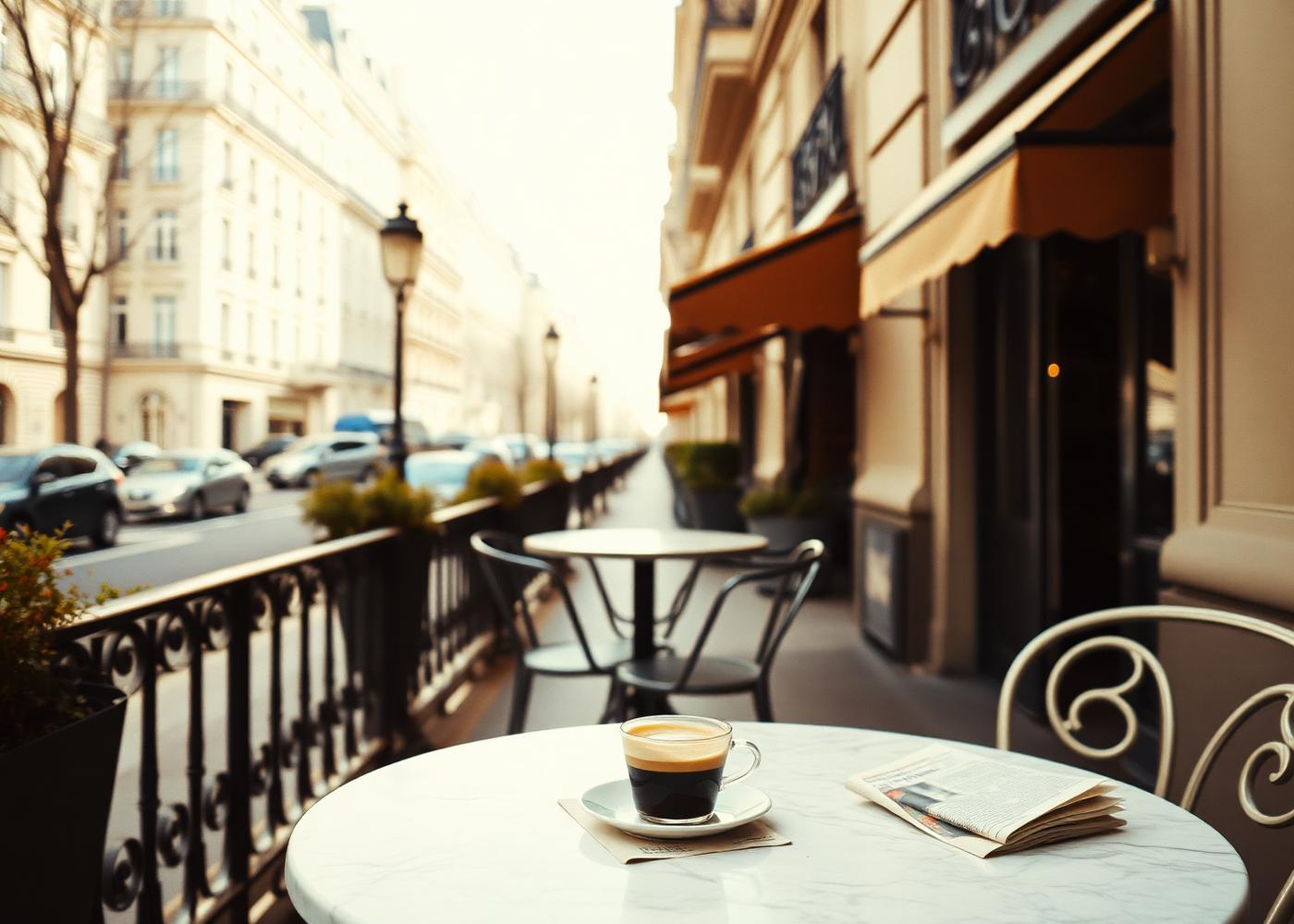 A Parisian café terrace in soft morning light